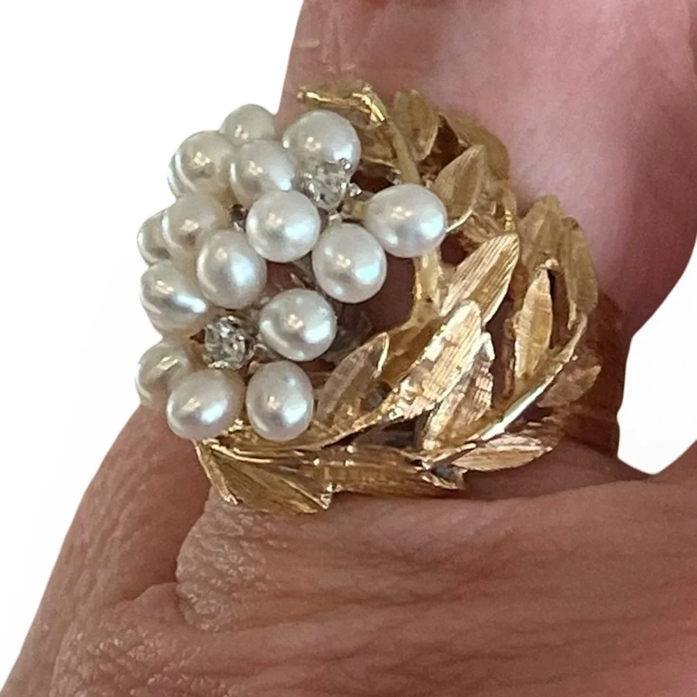 Mid-Century 14 K Solid Gold Seed Pearl Diamond Laurel Wreath Ring Size 6.5
